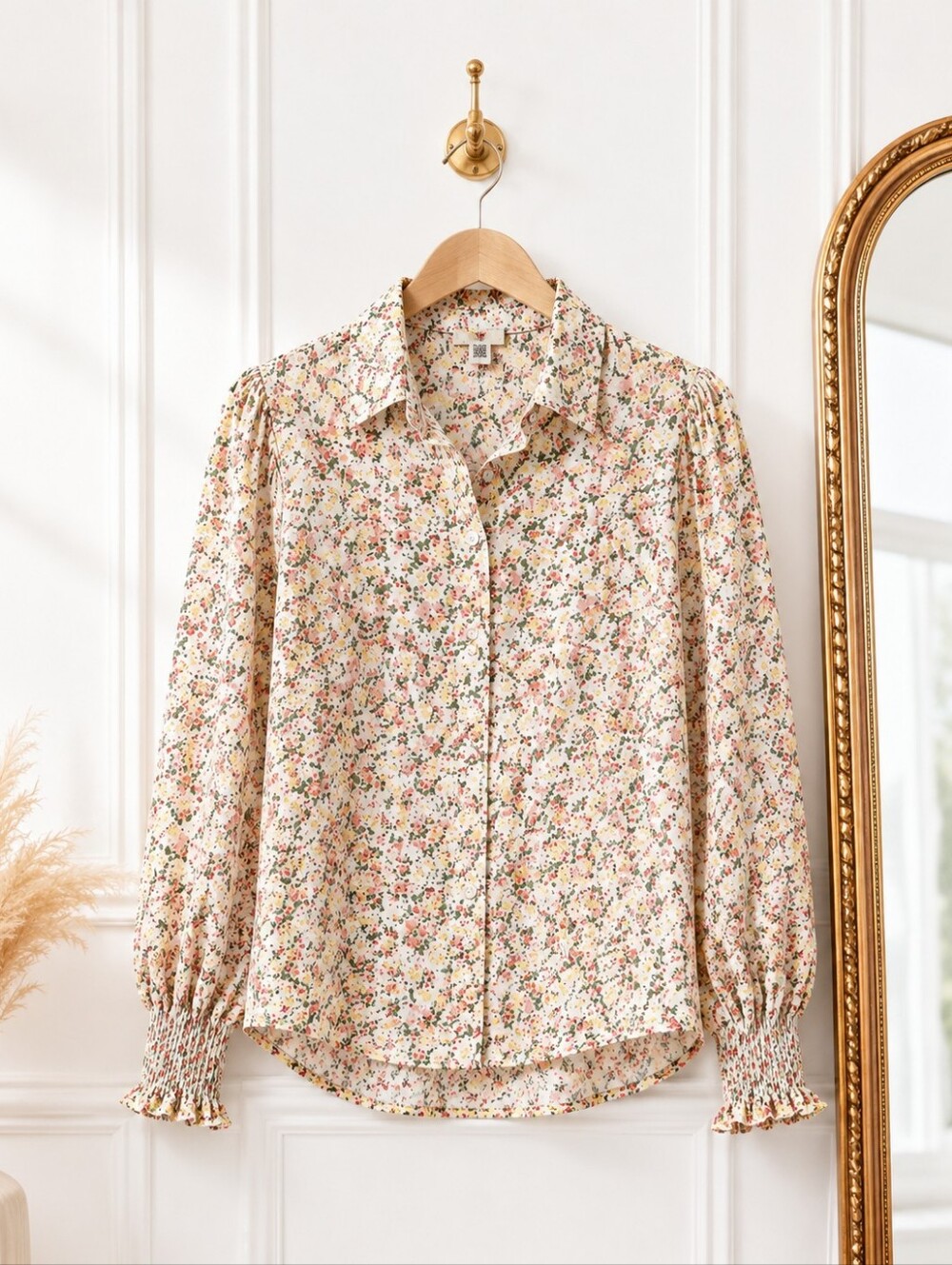 Levi's Floral Button Front Blouse Medium Cottagecore Smocked Cuffs Puff Sleeve - Picture 6 of 9